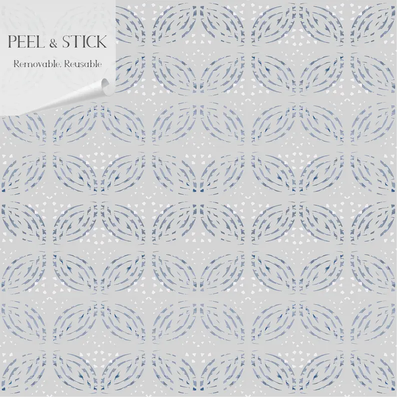 Peel and stick wallpaper in light gray with blue geometric pattern, removable and reusable for easy decorating.