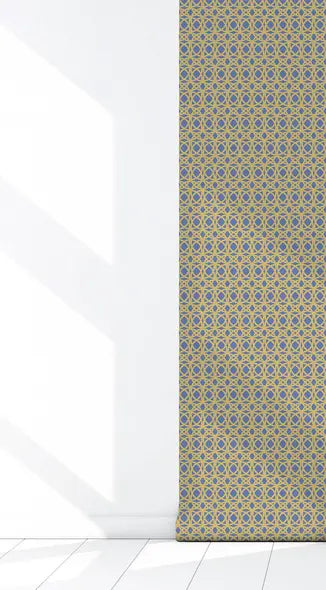 Blue and gold geometric patterned fabric curtain, perfect for modern home decor.