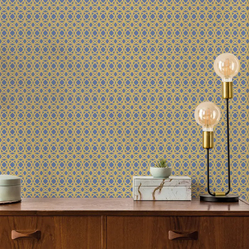 Colorful geometric print wallpaper in blue and yellow, perfect for modern home decor. Ideal for accent walls.