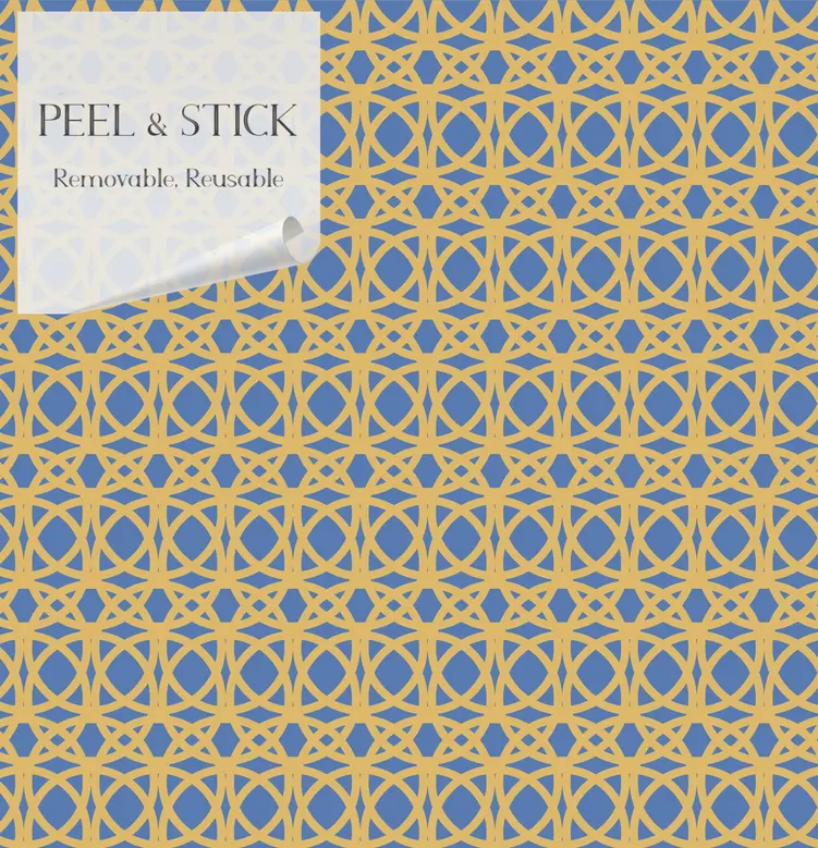 Peel and stick wallpaper in blue and gold geometric pattern, removable and reusable for stylish home decor.