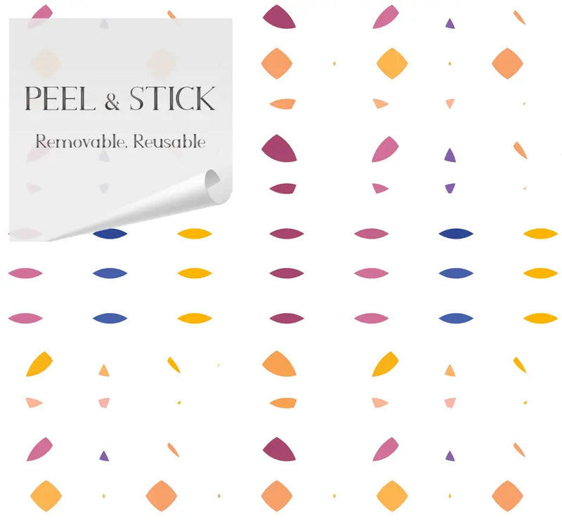 Colorful geometric peel and stick wallpaper in pink, purple, orange, and blue on a white background. Removable and reusable.