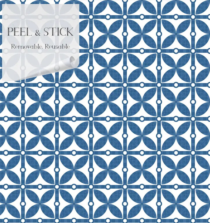 Blue and white peel-and-stick wallpaper with a floral geometric pattern, removable and reusable for easy decorating.