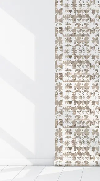 Beige and white patterned fabric curtain, featuring modern geometric designs on a light background.