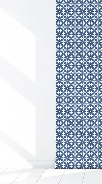 Blue patterned fabric curtain with geometric design, perfect for modern decor and enhancing natural light.