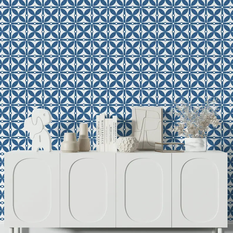 Blue and white ceramic tile wallpaper featuring geometric patterns, perfect for modern home decor.