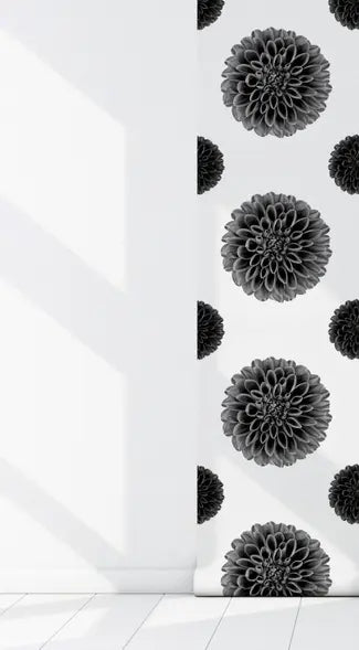 Black dahlia flower wallpaper on a white background, ideal for modern home decor.