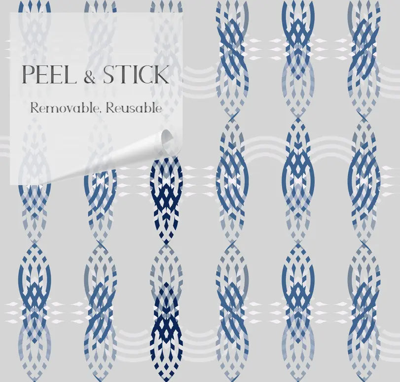 Peel and stick wallpaper in blue and white, featuring a modern geometric pattern on a light gray background.