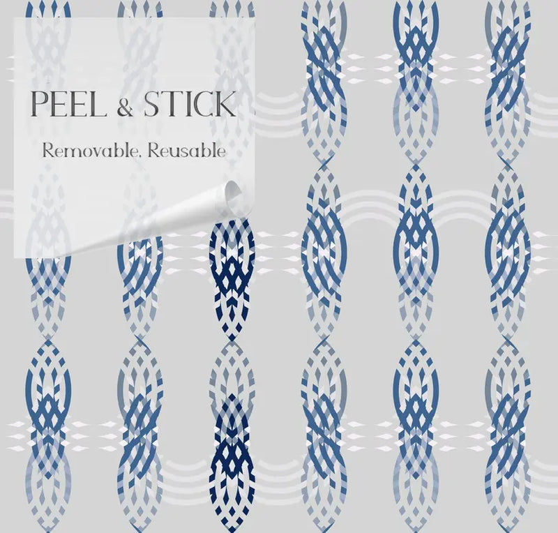 Peel and stick wallpaper in blue and white, featuring a modern geometric pattern on a light gray background.