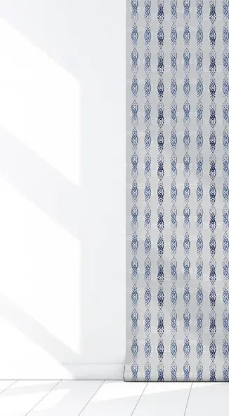 Light blue and navy patterned wallpaper featuring intricate designs, perfect for modern home decor.