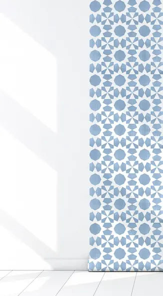 Light blue geometric patterned roller curtain made of fabric, perfect for modern home decor.