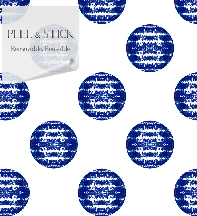 Blue and white removable peel-and-stick wallpaper circles, featuring a textured pattern on a clean white background.