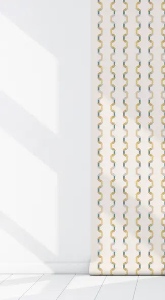 Beige geometric patterned roller shade with teal accents, ideal for modern home décor.