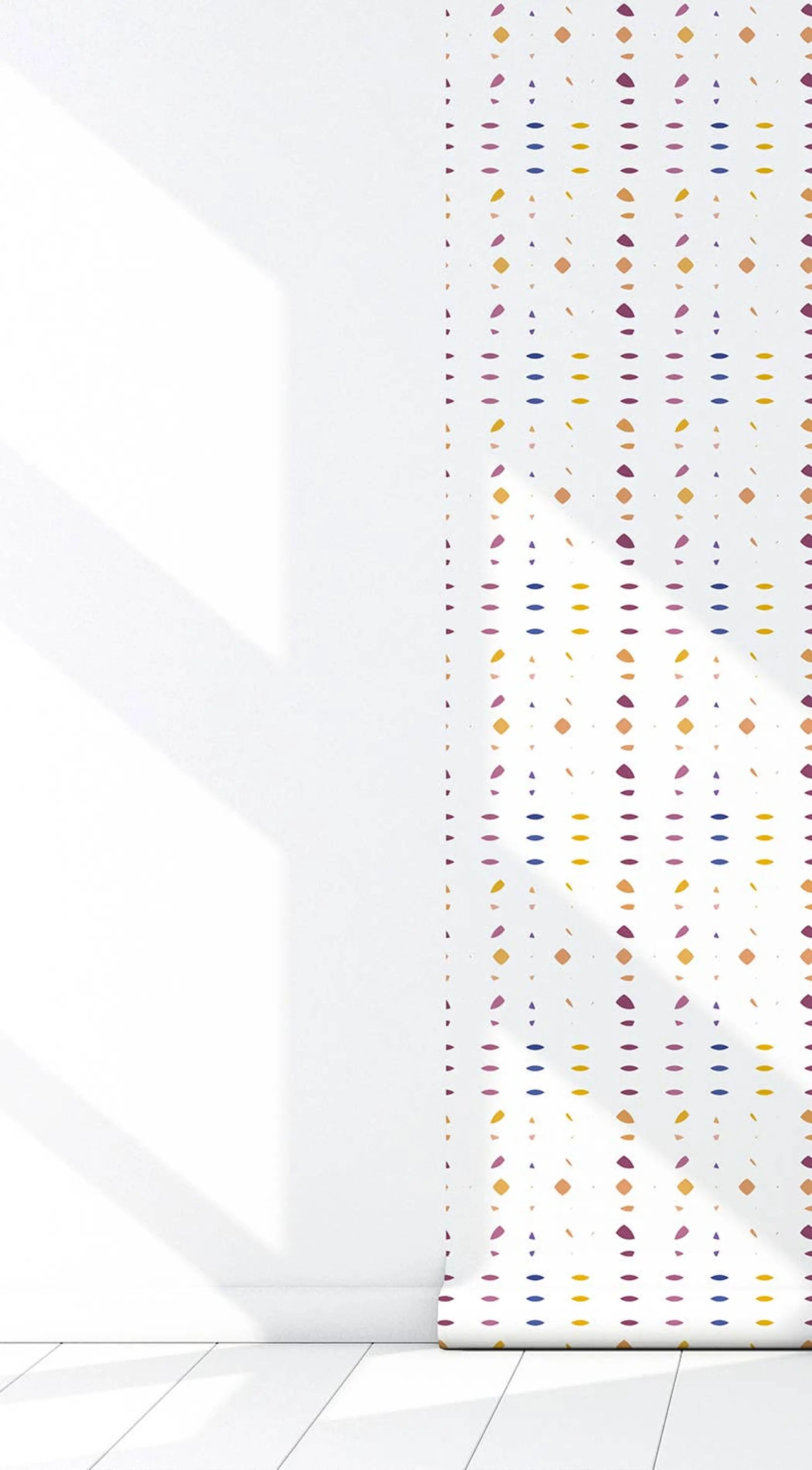 Colorful geometric pattern wallpaper in white, featuring yellow, pink, and blue accents. Perfect for modern decor.