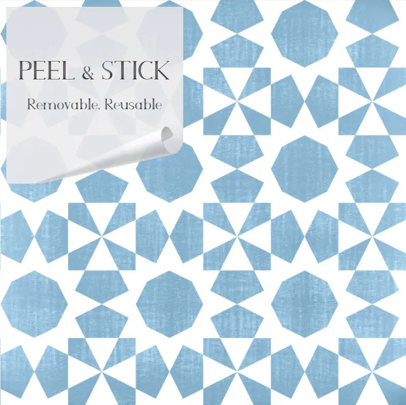 Light blue geometric peel and stick wallpaper, removable and reusable, featuring octagon and star patterns on a white background.
