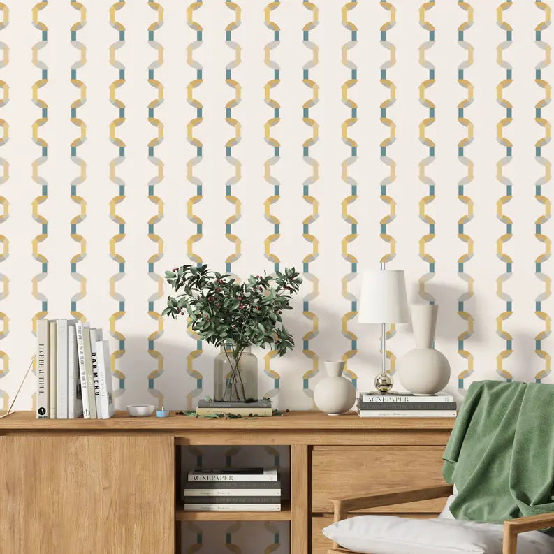Geometric yellow and blue wallpaper design on a light background, perfect for modern interiors.