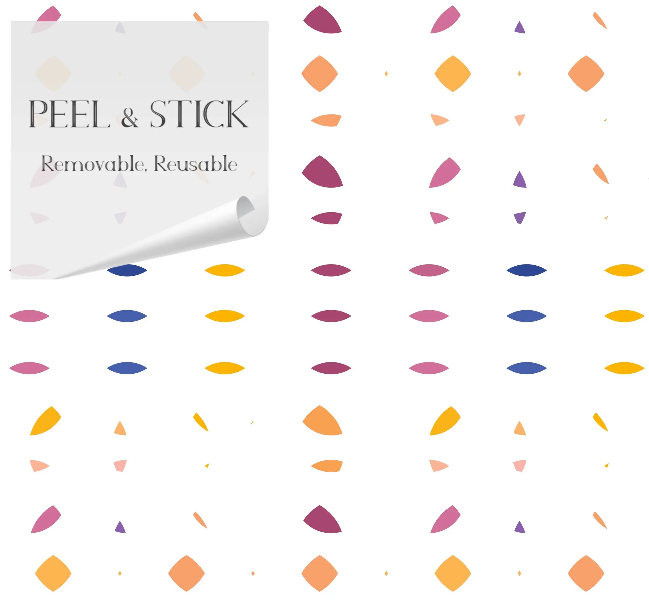 Peel and stick wallpaper featuring colorful geometric shapes in pink, orange, purple, and blue on a white background.
