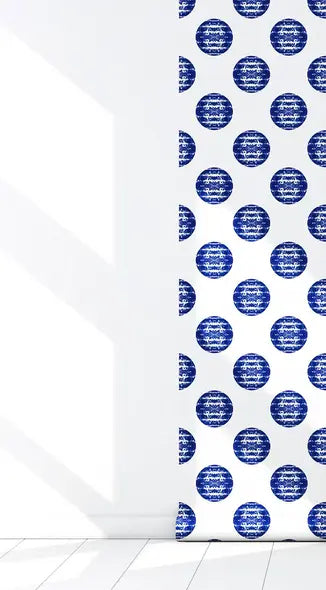 Blue and white circular patterned wallpaper, featuring modern artistic design, ideal for contemporary home decor.
