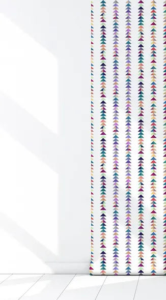 Colorful arrow-patterned fabric curtain in vibrant hues of purple, orange, and teal on a white background.