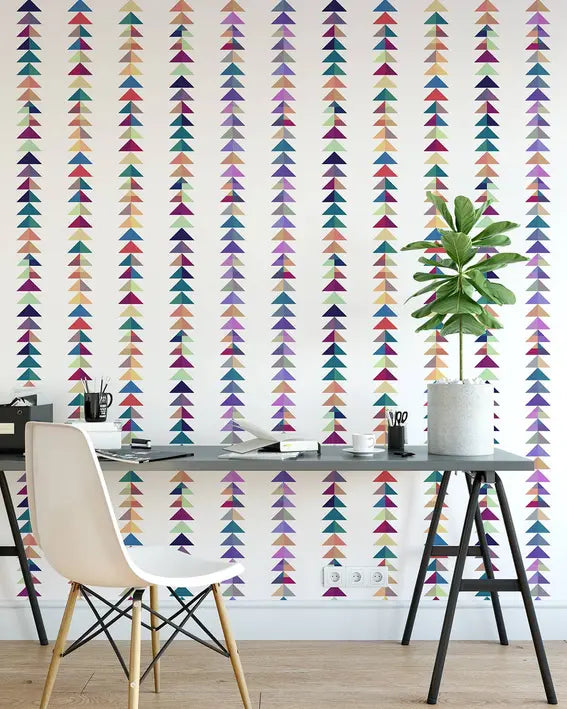 Colorful arrow-patterned wallpaper in purple, teal, orange, and pink on a white background, perfect for modern interiors.