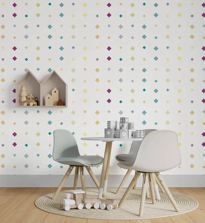 Colorful diamond-patterned wallpaper in pastel hues, paired with a modern table and minimalist chairs in a stylish playroom.