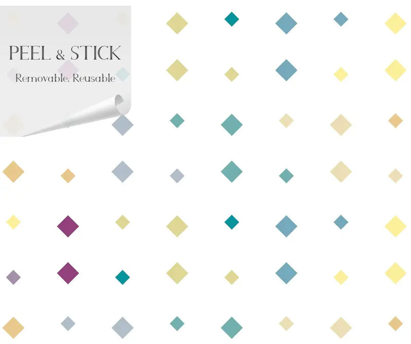Colorful peel and stick wall decals featuring diamonds in yellow, teal, and purple on a white background. Removable and reusable.