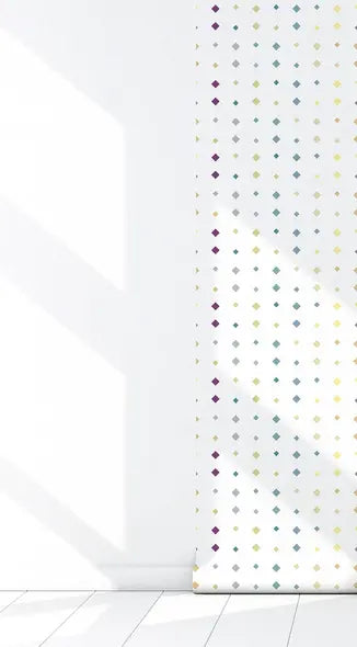 Colorful diamond-patterned fabric roll in purple, blue, and yellow on a white background, perfect for modern decor.