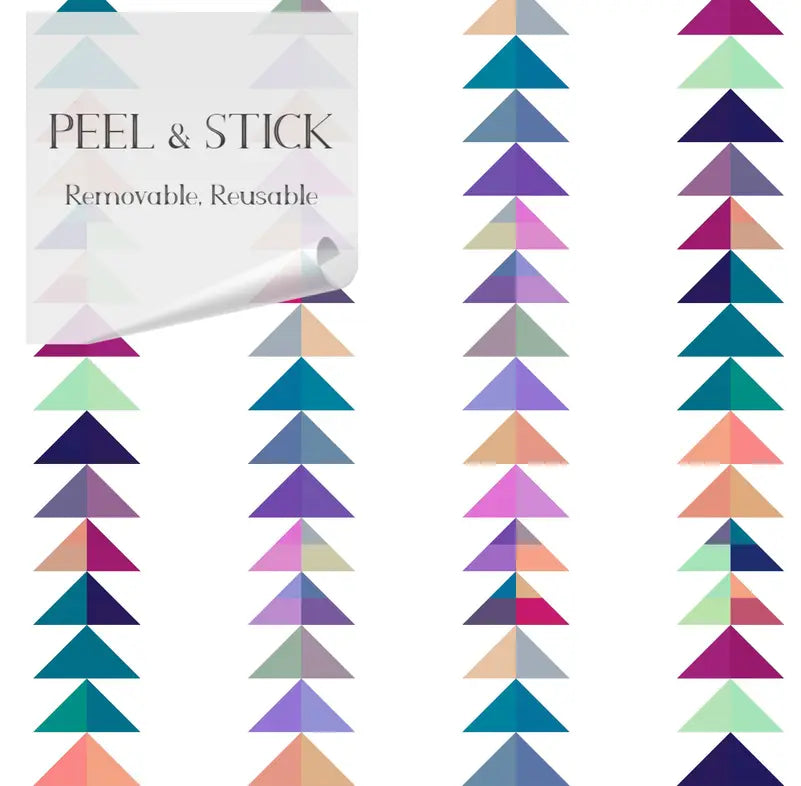 Colorful geometric peel and stick wall decals in various hues, removable and reusable for home decor.