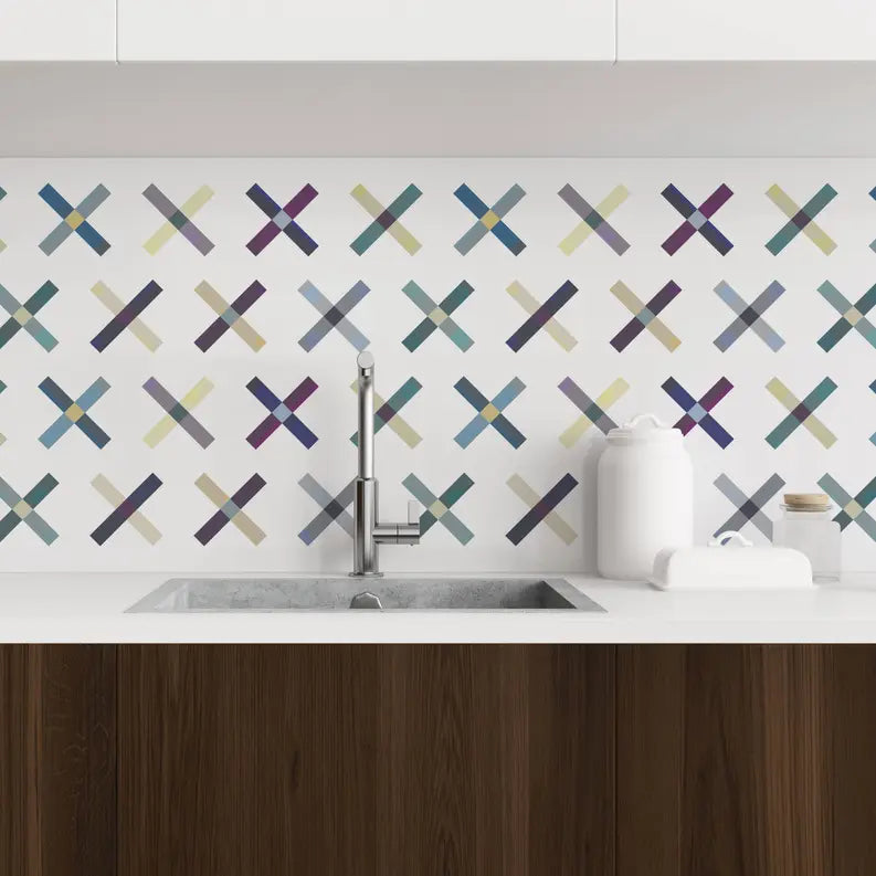 Colorful geometric patterned backsplash in shades of blue, purple, and beige; perfect for modern kitchen designs.