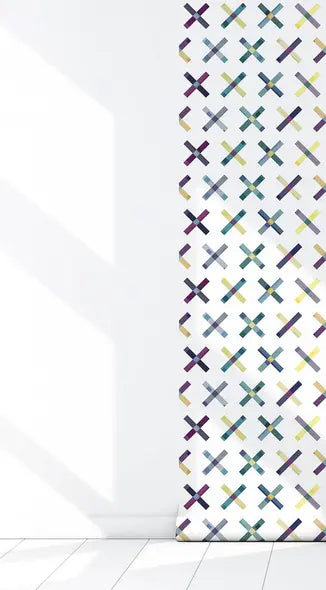 Colorful patterned fabric panel featuring purple, blue, and yellow crosses on a white background, perfect for modern decor.