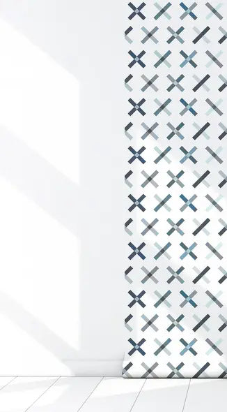 Blue and teal patterned curtain with a geometric cross design on a white background, perfect for modern decor.