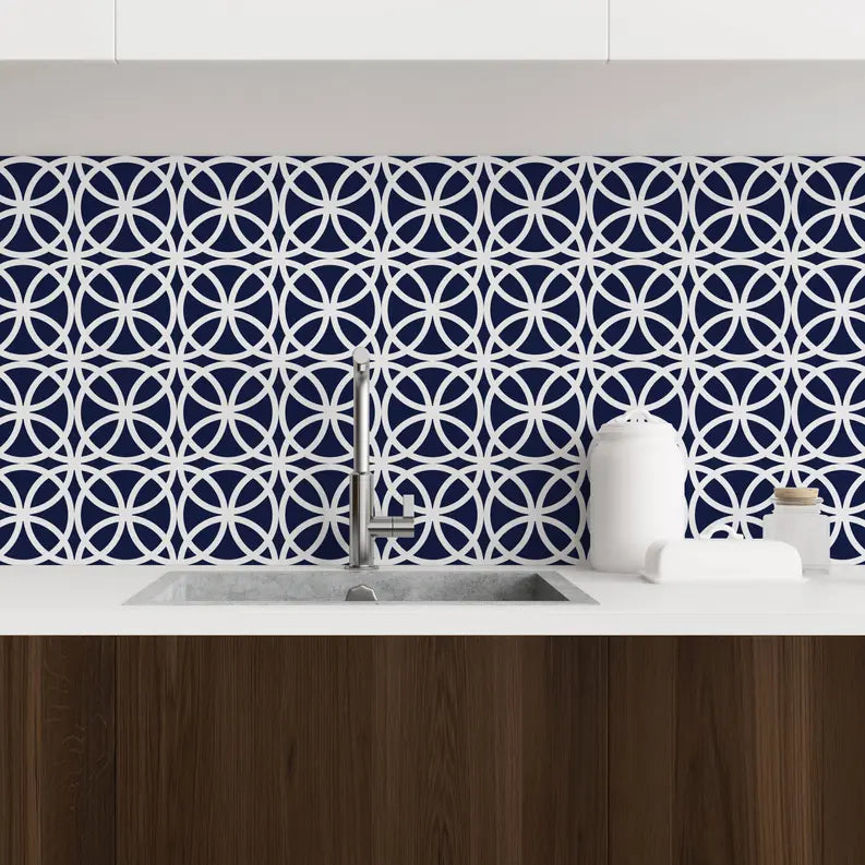 Navy blue and white geometric tile backsplash, modern style, ideal for kitchen renovations.