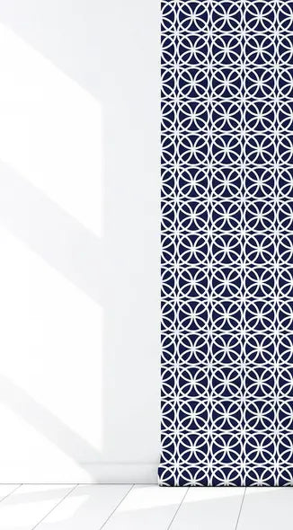 Navy blue and white geometric patterned wallpaper, perfect for modern home décor.