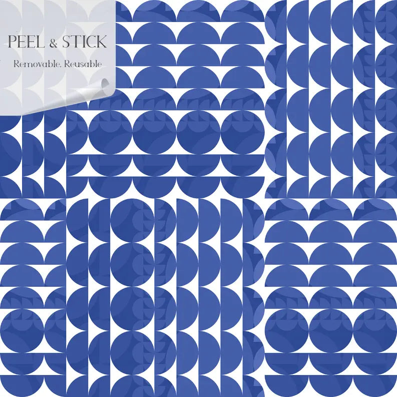 Blue geometric peel and stick wallpaper with circle and arch patterns, removable and reusable, perfect for modern decor.