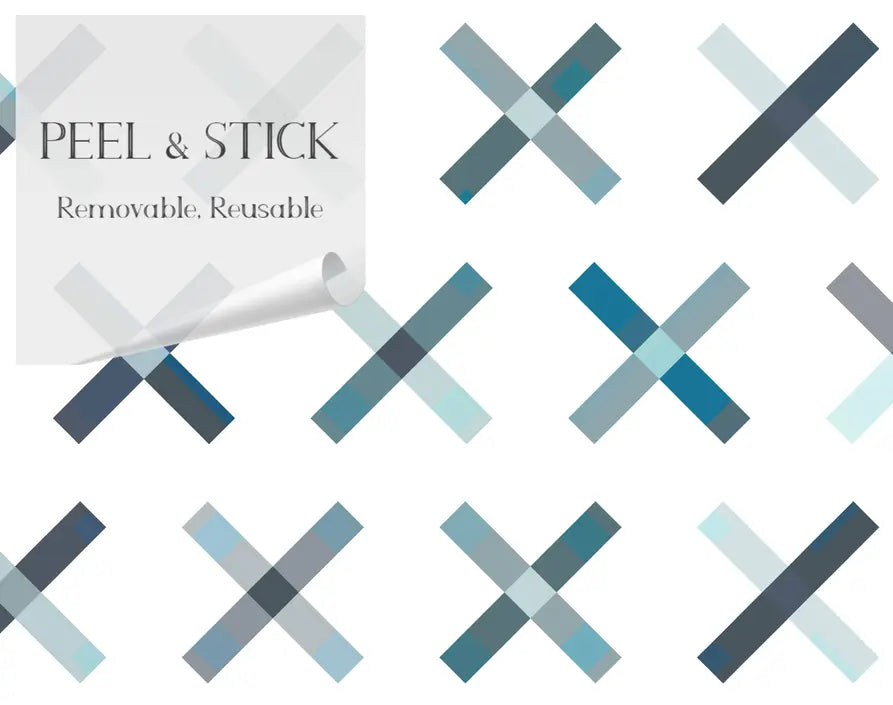 Peel and stick wall decals featuring reusable blue and gray cross patterns on a white background.