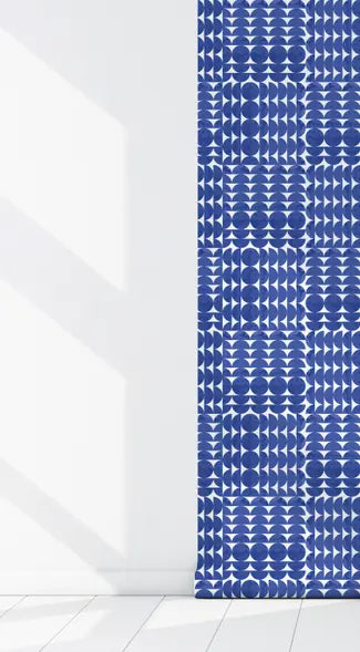 Blue geometric pattern fabric curtain, 100% polyester, modern style, ideal for adding a pop of color to any room.