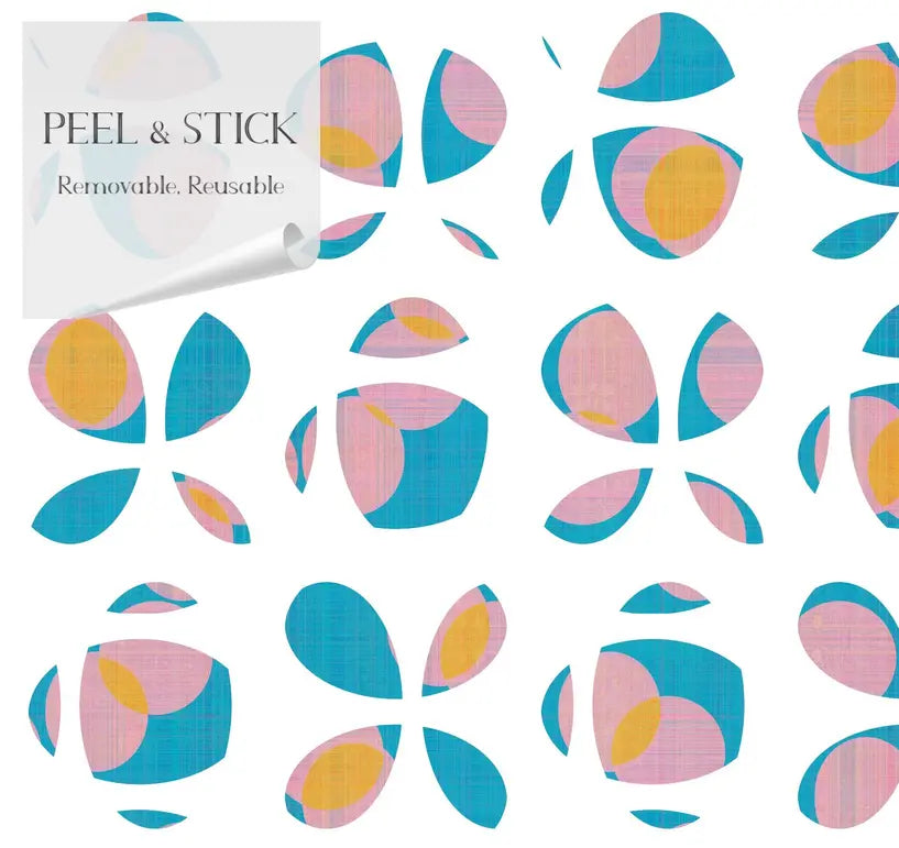 Colorful peel and stick wallpaper with blue, pink, and yellow floral patterns, removable and reusable.