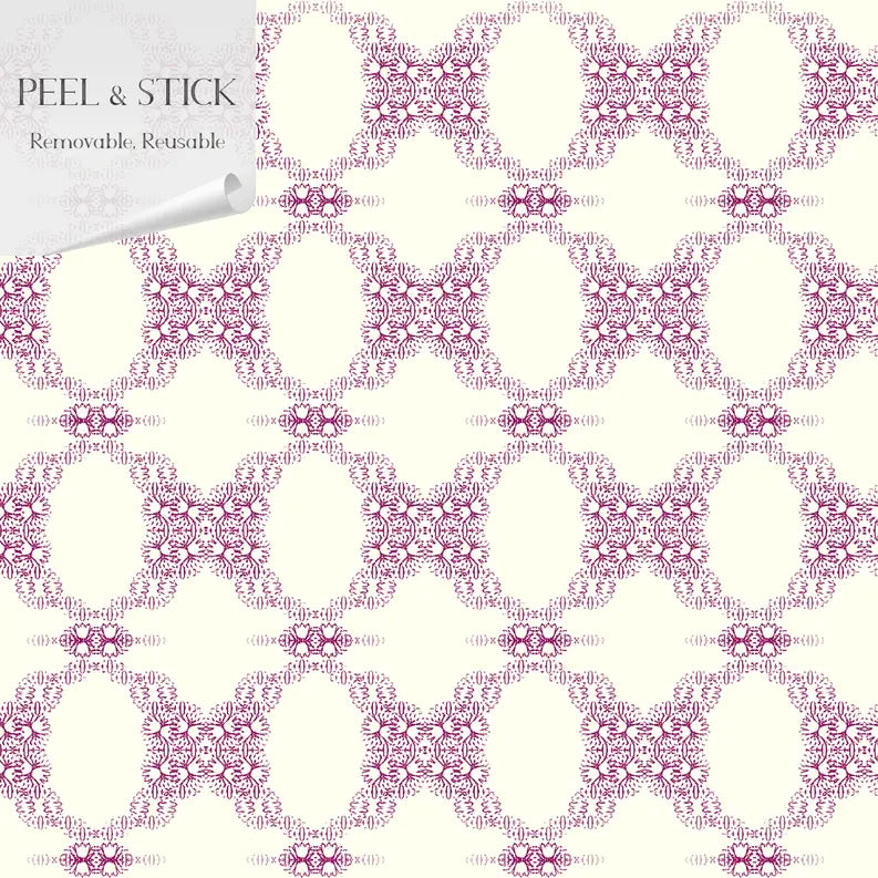 Peel and stick wallpaper, purple and cream floral pattern, removable, reusable, stylish home decor option.