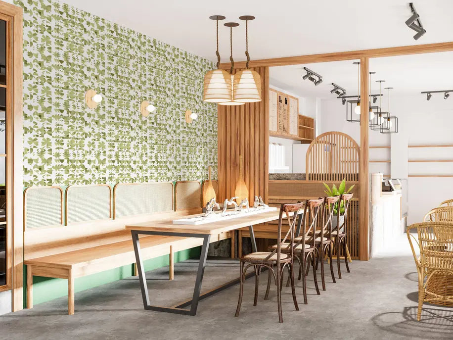 Modern wooden dining table with black metal base, surrounded by elegant rattan chairs in a stylish green and white café interior.
