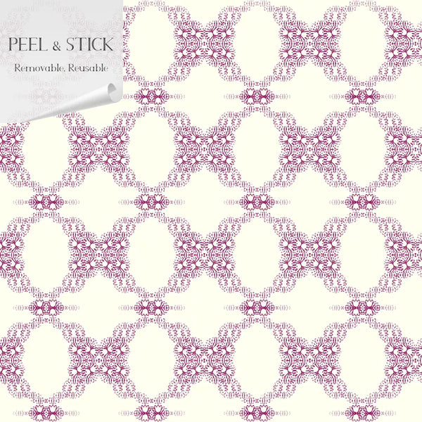Peel and stick wallpaper in cream with burgundy floral pattern, removable and reusable for easy home decor updates.