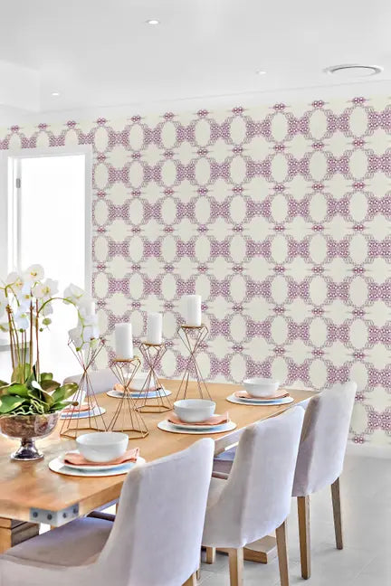 Elegant lavender and cream floral wallpaper design, perfect for modern dining room decor.