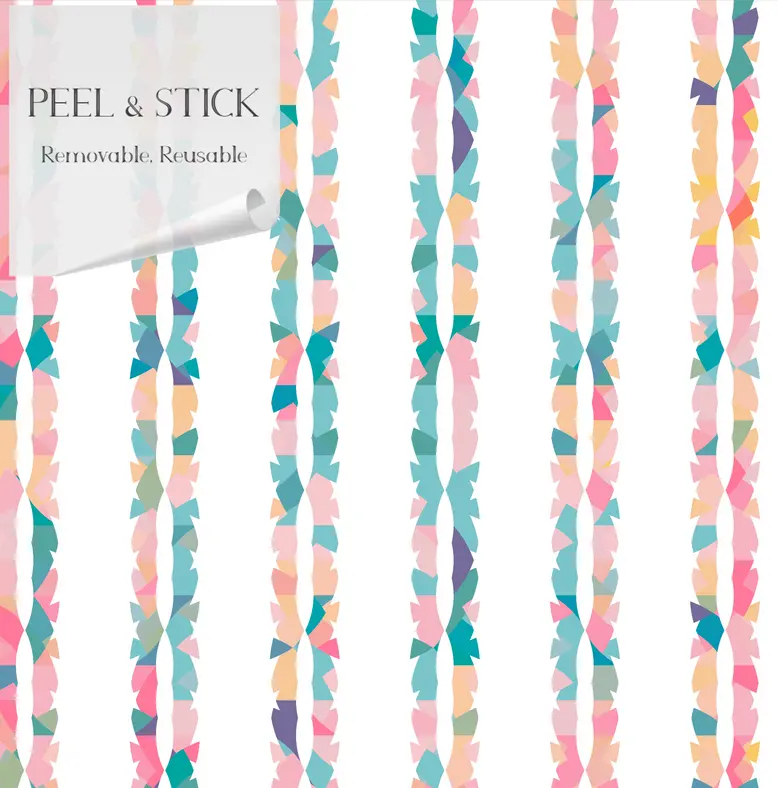 Colorful peel-and-stick wallpaper featuring abstract floral patterns in pink, teal, and peach. Removable and reusable.