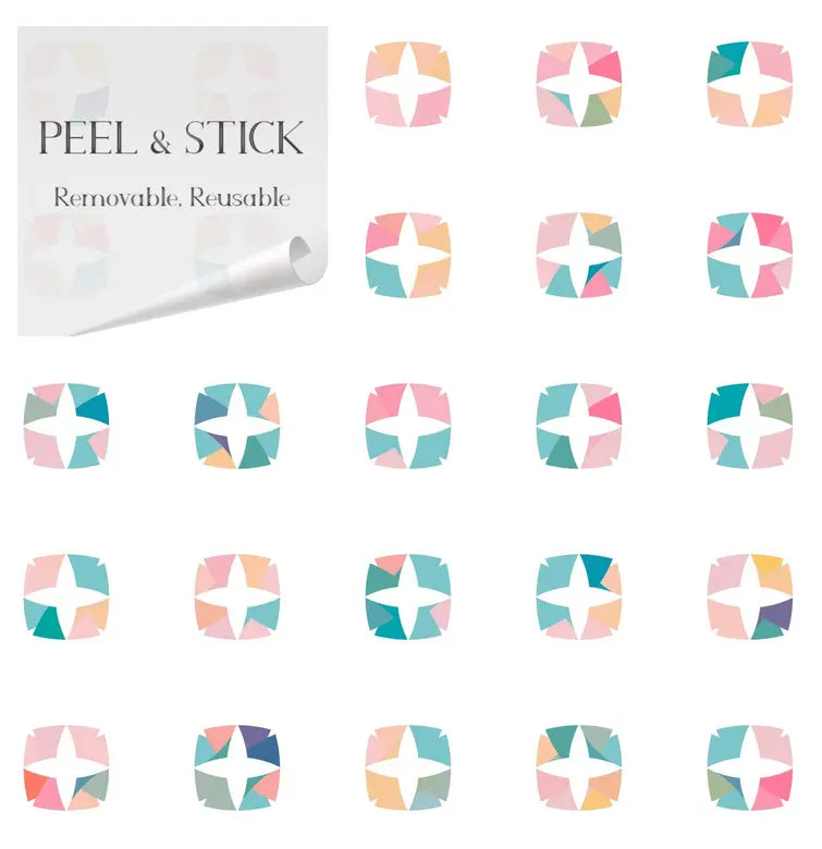 Colorful peel-and-stick wall decals in pastel shades with star shapes, removable and reusable, ideal for home decor.