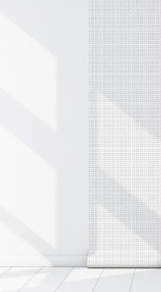 White grid-patterned wallpaper with a minimalist design, perfect for modern home decor.