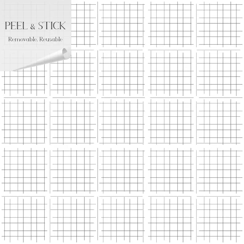 White peel and stick graph paper tiles, removable and reusable, featuring a grid pattern for versatile crafting and organization.