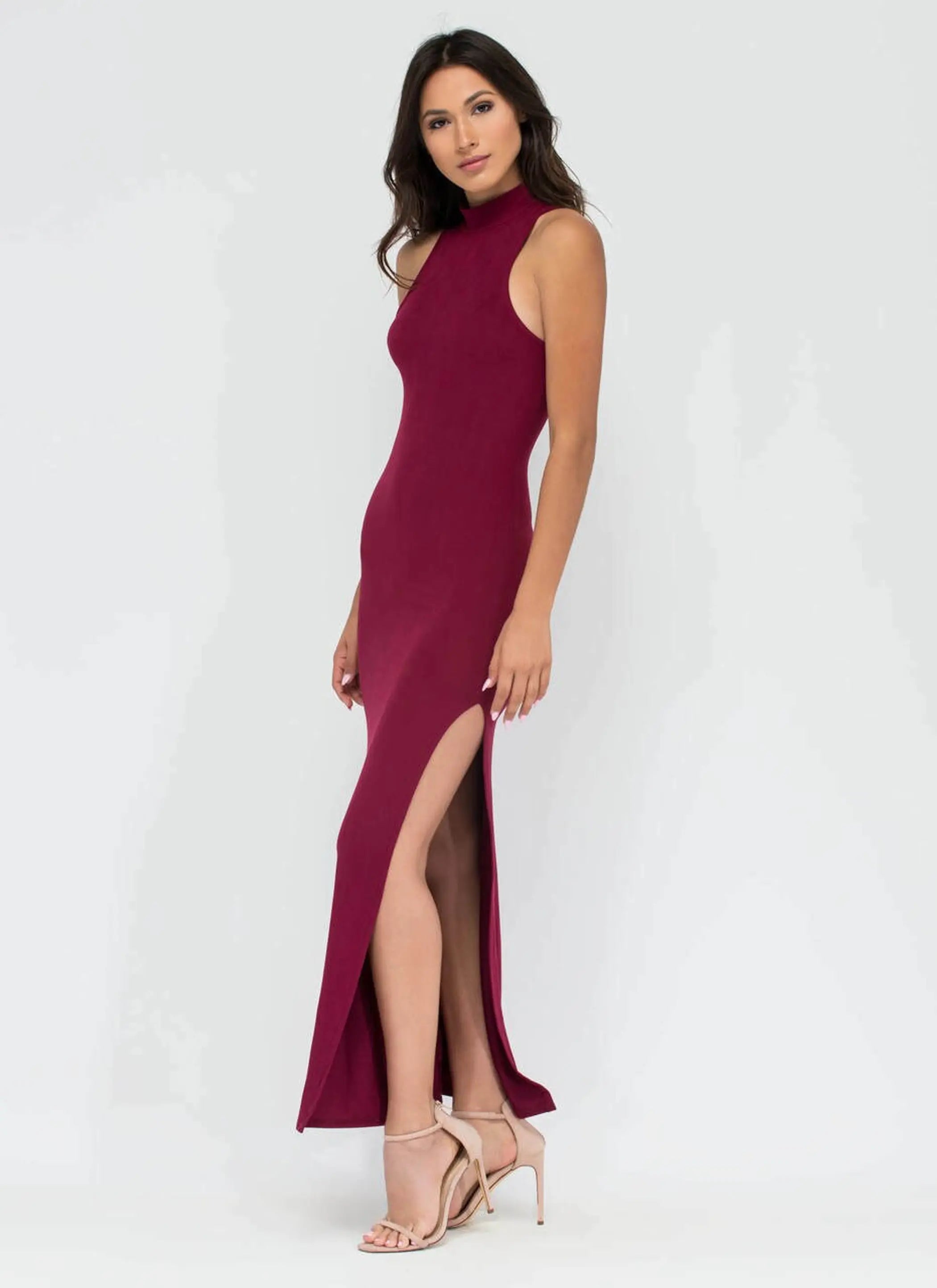 Vivica Essential High Slit Maxi Dress Burgundy SurelyMine