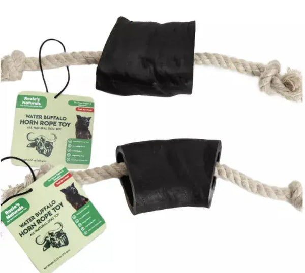 WATER BUFFALO HORN ROPE TUG TOY-100% Cotton Rope 14", Long-Lasting, Natural Dog Treat & Chews, Dog Dental Chew Toy-2 COUNT-10 oz Rozie's Pet Supply