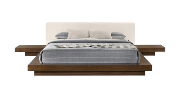 Walnut and White Wood And Faux Leather King Bed Frame With Attached Nightstands Homeroots Bed & Bath