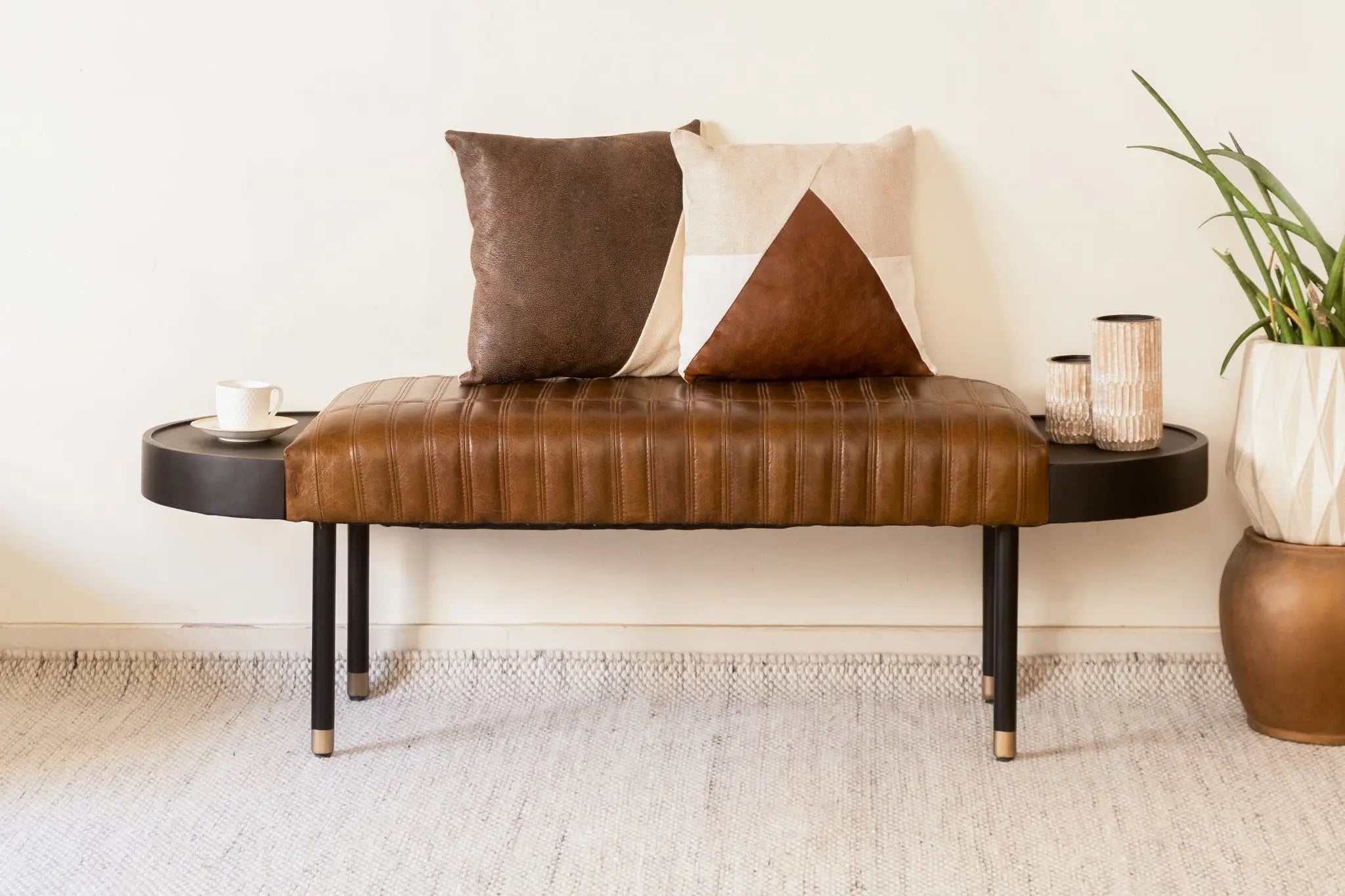 Warm Brown Leather And Solid Wood Bench Homeroots Living Room