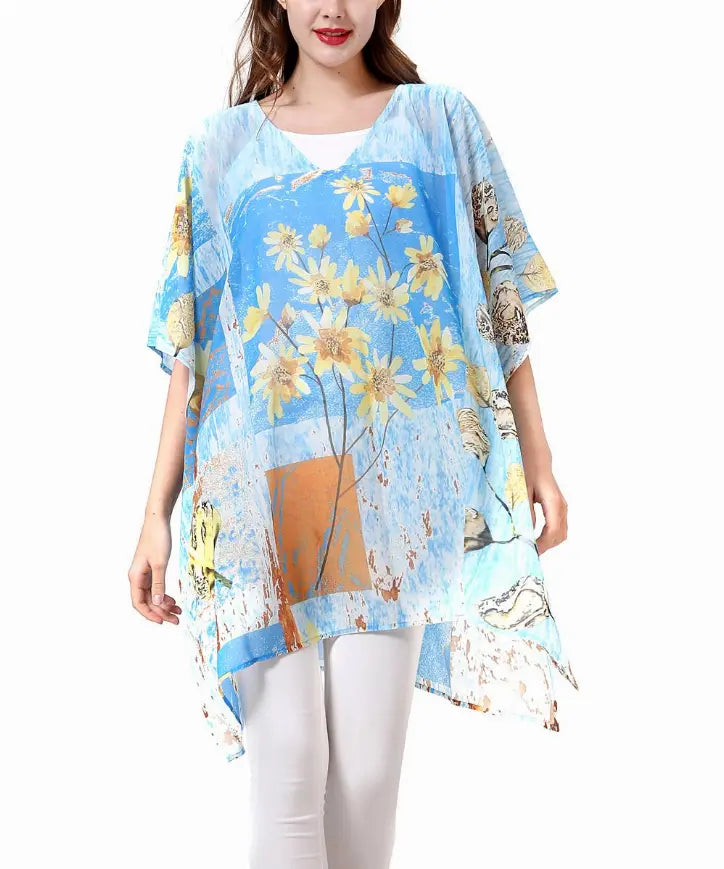 Watercolor Painting V-Neck Floral Tunic JC Sunny Fashion