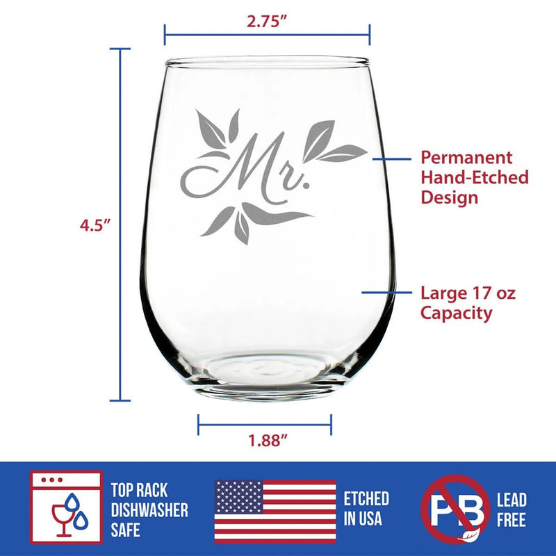 Wedding Floral Mr Stemless Wine Glass - Bridal Party Gifts Bevvee